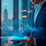 Professionnel de la finance analysant hologrammes de données pour trader le gaz naturel depuis un bureau avec vue urbaine