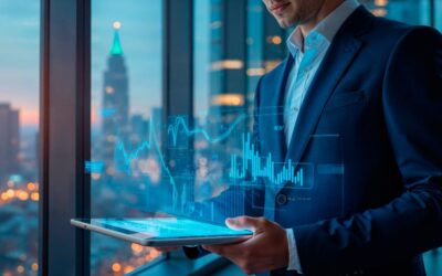 Professionnel de la finance analysant hologrammes de données pour trader le gaz naturel depuis un bureau avec vue urbaine